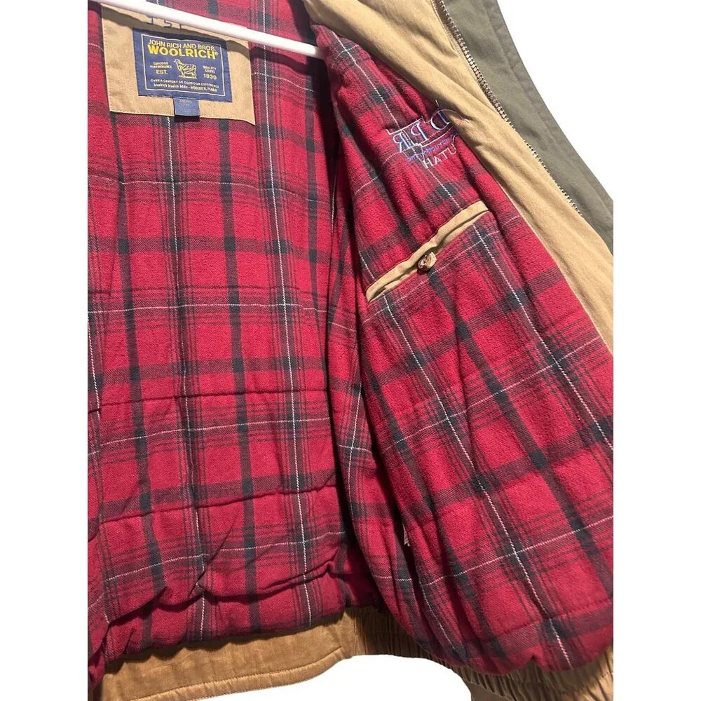 Woolrich Bomber Barn Coat Mens XXL Tan Flannel Plaid Lined Wool Chores Collared